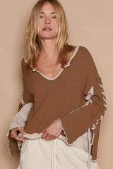 Brown Lace-Up Sleeve Color Block Ribbed Knit Top, Tops, $ 81.00, A Moment Of Now™