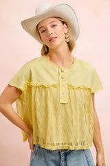 Yellow Solid Jersey With Lace Combo Ruffled Buttoned Top | Boutique In USA, Tops, $ 55.00, A Moment Of Now™