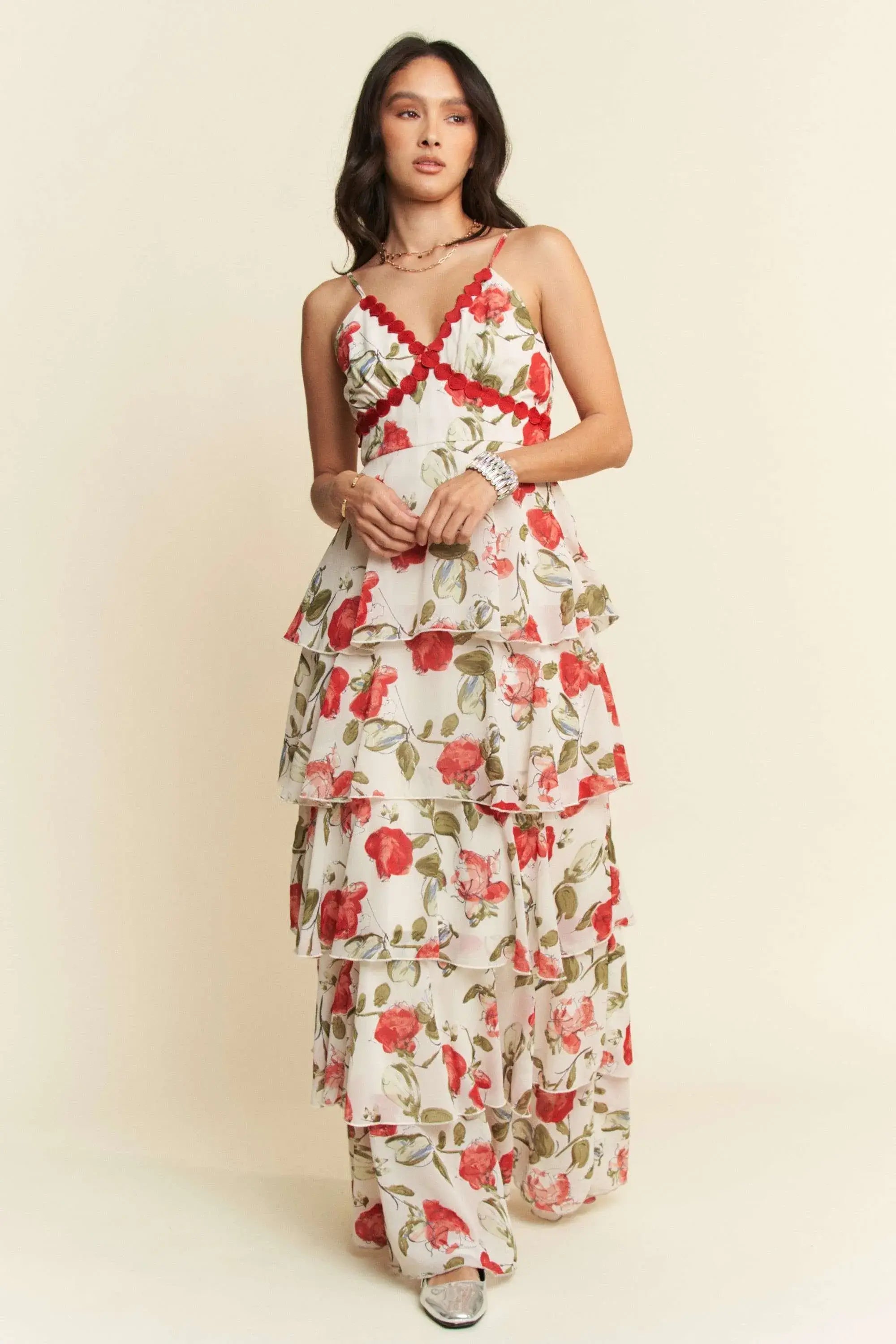 Ivory Red Contrast Ring Lace Ruffle Maxi Dress, Dresses, $ 75.00, A Moment Of Now™