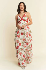 Ivory Red Contrast Ring Lace Ruffle Maxi Dress, Dresses, $ 75.00, A Moment Of Now™