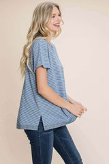 Blue & White Slit Striped Notched T-Shirt Top, Tops, $ 25.00, A Moment Of Now™