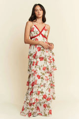 Ivory Red Contrast Ring Lace Ruffle Maxi Dress, Dresses, $ 75.00, A Moment Of Now™