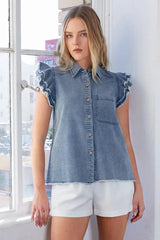 Blue Washed Denim Ruffle Short Sleeve Shirt, Shirts, $ 55.00, A Moment Of Now™