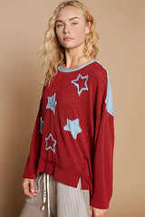 Dark Red Relaxed Fit Sweater with Star Patch, Sweaters, $ 45.00, A Moment Of Now™