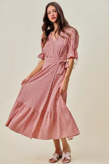 Red Stripe Textured Short Sleeves Lined Wrap Midi Dres | Boutique In USA, Dresses, $ 69.00, A Moment Of Now™