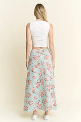 Blue Pink Floral Print Denim Maxi Skirt Plus Size, Skirts, $ 59.00, A Moment Of Now™