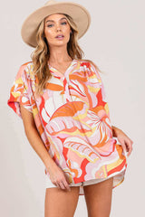 Coral Abstract Print Half Button Blouse - Stylish & Chic, Blouses, $ 45.00, A Moment Of Now™