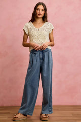 Mid Rise Ruffled Front Elastic Wide Leg Jeans | Boutique In USA, Jeans, $ 59.00, A Moment Of Now™