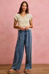 Mid Rise Ruffled Front Elastic Wide Leg Jeans | Boutique In USA, Jeans, $ 59.00, A Moment Of Now™