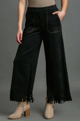 Plus Size Black Suede Fringe Hem Wide Leg Pants, Pants, $ 61.00, A Moment Of Now™