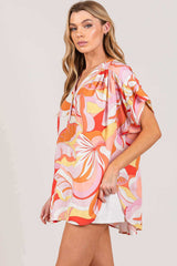 Coral Abstract Print Half Button Blouse - Stylish & Chic, Blouses, $ 45.00, A Moment Of Now™