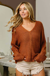 Cinnamon Brown V-Neck Cable Knit Sweater, Sweaters, $ 50.00, A Moment Of Now™