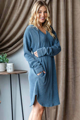 Dark Blue Ribbed Long Sleeve Hooded Dress, Dresses, $ 39.00, A Moment Of Now™