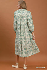 Green Linen Botanical Print Tiered Midi Dress | Boutique In USA, Dresses, $ 65.00, A Moment Of Now™