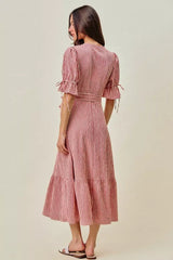 Red Stripe Textured Short Sleeves Lined Wrap Midi Dres | Boutique In USA, Dresses, $ 69.00, A Moment Of Now™