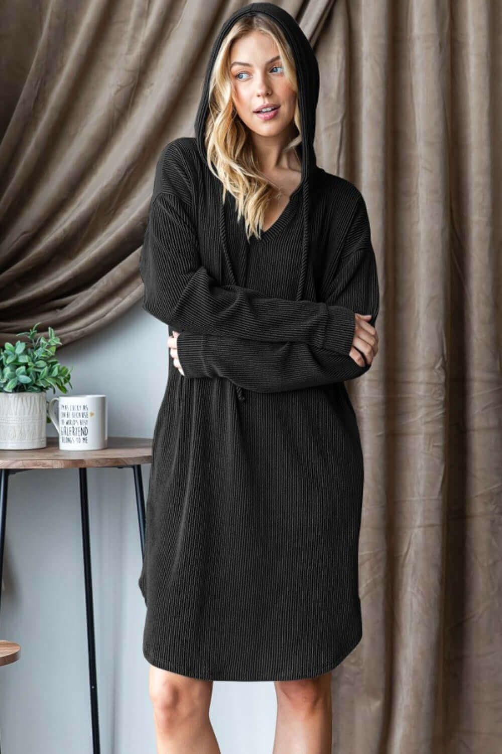 Black Ribbed Long Sleeve Hooded Dress | Cozy Style, Dresses, $ 47.00, A Moment Of Now™
