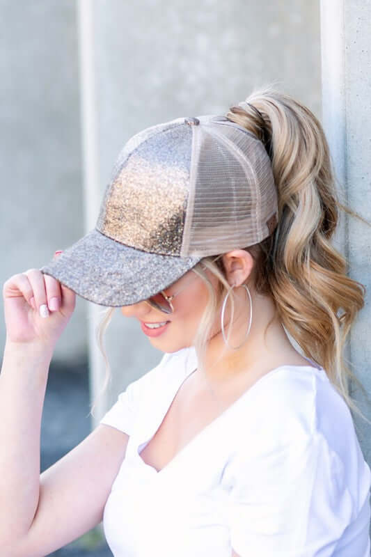 CC Glitter Messy Bun Hat Cap - Stylish & Versatile, Caps, $ 27.00, A Moment Of Now™