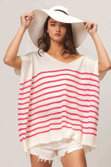 Fuchsia V Neck Striped Short Sleeve Top - Stylish Comfort, Tops, $ 45.00, A Moment Of Now™