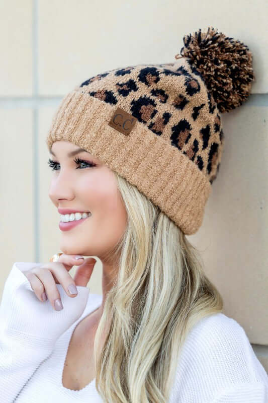 CC Leopard Pom Beanie Hat - Trendy & Cozy Style, Beanies, $ 50.95, A Moment Of Now™