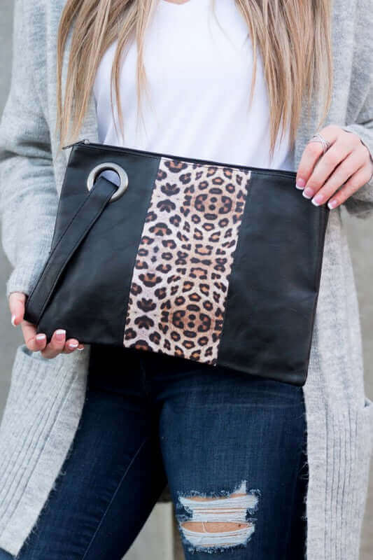 Black Leopard Dual Tone Clutch | Stylish & Spacious, Clutches, $ 30.95, A Moment Of Now™