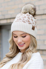 Leopard Fur Pom Beanie Hat - Stylish & Cozy, Beanies, $ 40.95, A Moment Of Now™