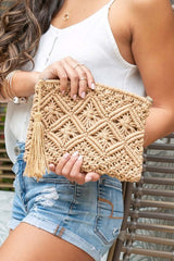 Chic Macrame Tassel Clutch - Stylish & Functional, Clutches, $ 41.00, A Moment Of Now™