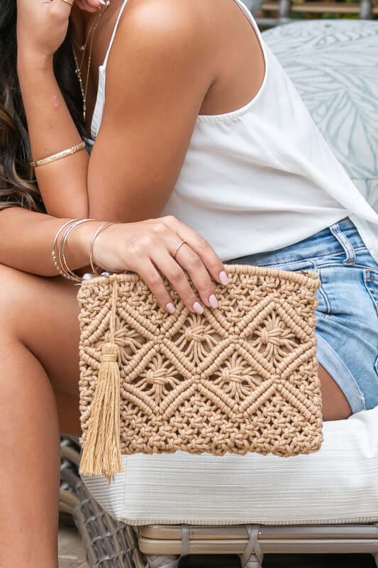 Chic Macrame Tassel Clutch - Stylish & Functional, Clutches, $ 41.00, A Moment Of Now™