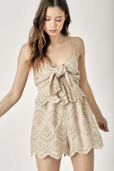 Beige Scallop Edge Front Tie-Up Romper, Rompers, $ 65.00, A Moment Of Now™