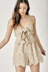 Beige Scallop Edge Front Tie-Up Romper, Rompers, $ 65.00, A Moment Of Now™