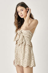 Beige Scallop Edge Front Tie-Up Romper, Rompers, $ 65.00, A Moment Of Now™
