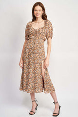 Black Brown Floral Ruffle Bell Sleeve Midi Dress, Dresses, $ 91.95, A Moment Of Now™