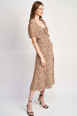 Black Brown Floral Ruffle Bell Sleeve Midi Dress, Dresses, $ 91.95, A Moment Of Now™
