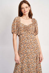 Black Brown Floral Ruffle Bell Sleeve Midi Dress, Dresses, $ 91.95, A Moment Of Now™
