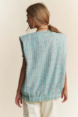 Celeste Blue Frayed Tweed Padded Shoulder Vest, Vests, $ 72.00, A Moment Of Now™