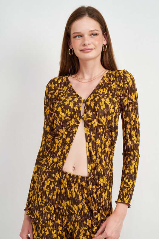 Brown Button Front Printed Plisse Top - Chic Fashion, Shirts, $ 58.95, A Moment Of Now™