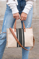 Black & Navy Canvas Stripe Tote Shoulder Bag, Handbags, $ 64.95, A Moment Of Now™