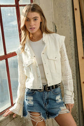 Chic Twill Crop Crochet Sleeve Jacket, Jackets, $ 78.95, A Moment Of Now™