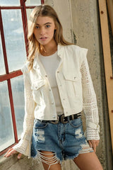 Chic Twill Crop Crochet Sleeve Jacket, Jackets, $ 78.95, A Moment Of Now™