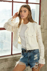 Chic Twill Crop Crochet Sleeve Jacket, Jackets, $ 78.95, A Moment Of Now™