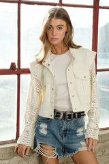 Chic Twill Crop Crochet Sleeve Jacket, Jackets, $ 78.95, A Moment Of Now™