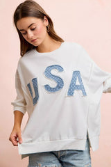 BiBi 4th Of July Usa Letter Patchwork French Terry Top, Tops, $ 60.00, A Moment Of Now™