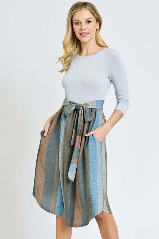 Quarter Sleeve Stripe Sash Midi Dress - Chic & Comfortable, Dresses, $ 54.95, A Moment Of Now™