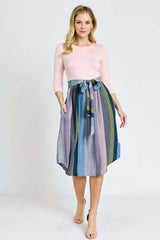 Quarter Sleeve Stripe Sash Midi Dress - Chic & Comfortable, Dresses, $ 54.95, A Moment Of Now™