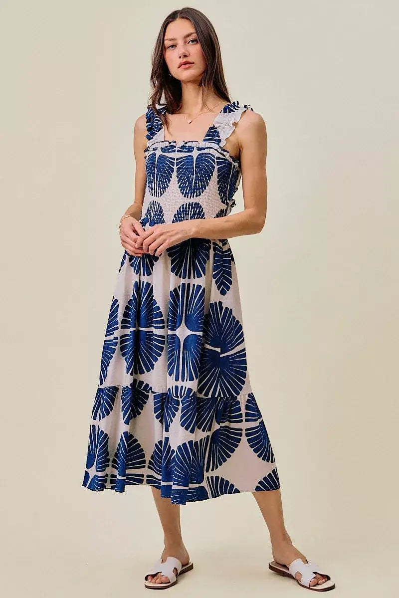 Navy Abstract Print Smocked Bodice Tiered Lined Midi Dress | Boutique In USA, Dresses, $ 62.00, A Moment Of Now™