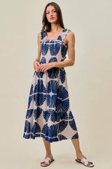 Navy Abstract Print Smocked Bodice Tiered Lined Midi Dress | Boutique In USA, Dresses, $ 62.00, A Moment Of Now™