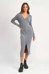 Blue V Neck Zip Up Ribbed Long Sleeve Mindi Dress, Dresses, $ 99.95, A Moment Of Now™