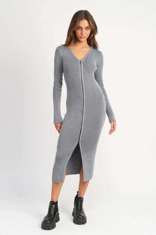 Blue V Neck Zip Up Ribbed Long Sleeve Mindi Dress, Dresses, $ 99.95, A Moment Of Now™