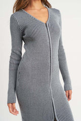 Blue V Neck Zip Up Ribbed Long Sleeve Mindi Dress, Dresses, $ 99.95, A Moment Of Now™