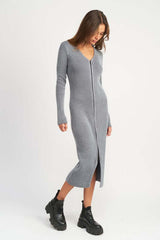 Blue V Neck Zip Up Ribbed Long Sleeve Mindi Dress, Dresses, $ 99.95, A Moment Of Now™