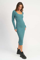 Square Neck Ribbed Midi Sweater Dress in Green / Brown, Sweater Dresses, $ 94.95, A Moment Of Now™